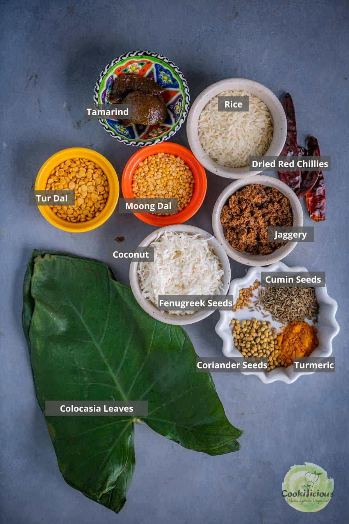 all the ingredients needed to make patra placed on a table with labels on them