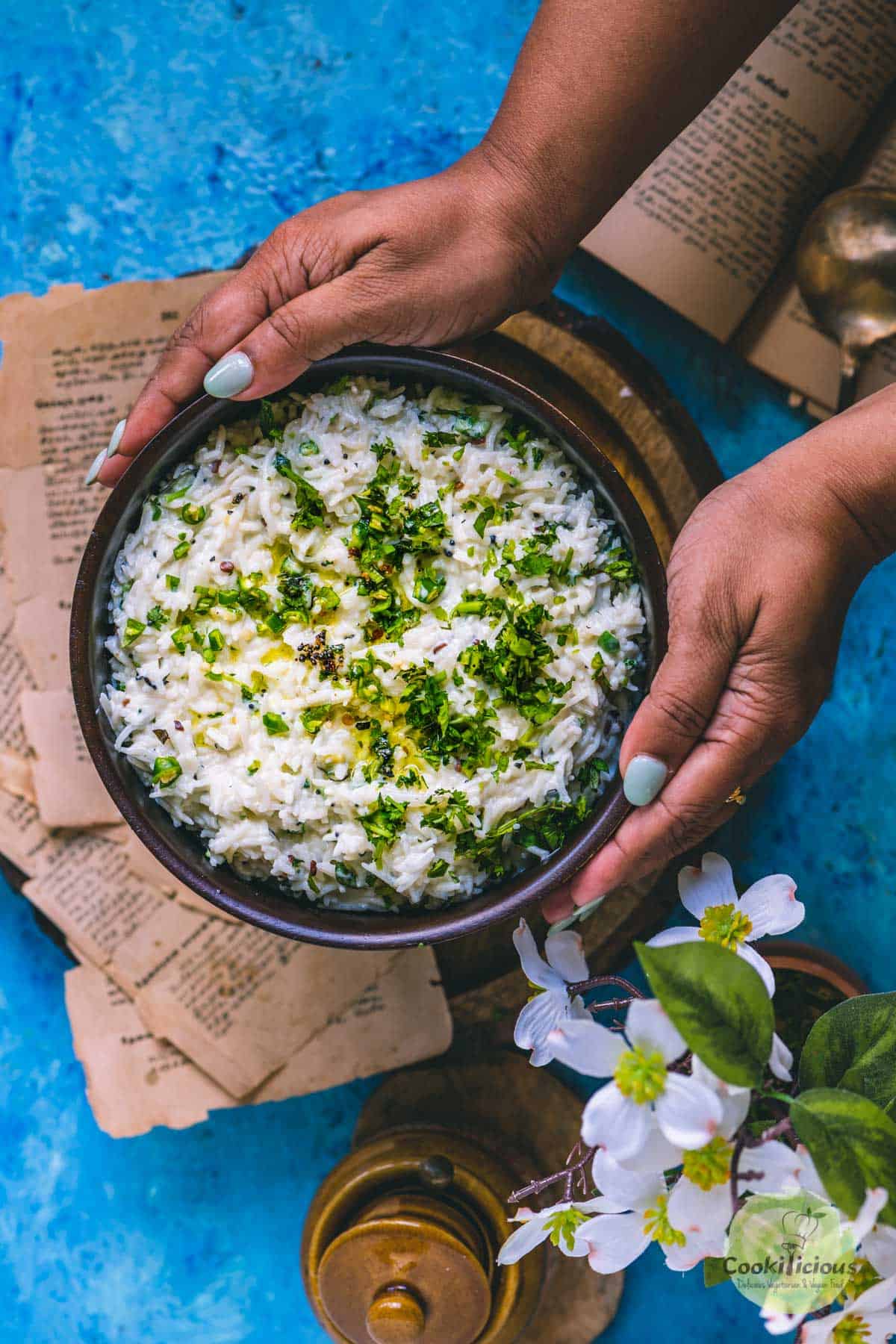 a set of hands holding a bowl filled with curd rice