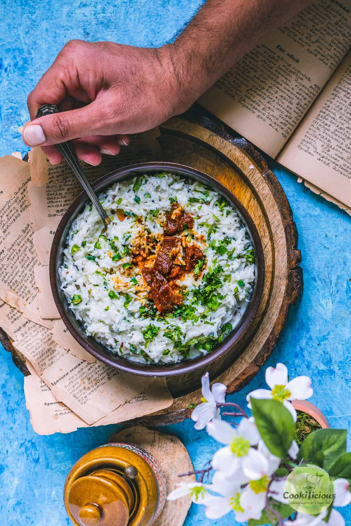 a hand digging into a bowl of dahi chaawal with a spoon