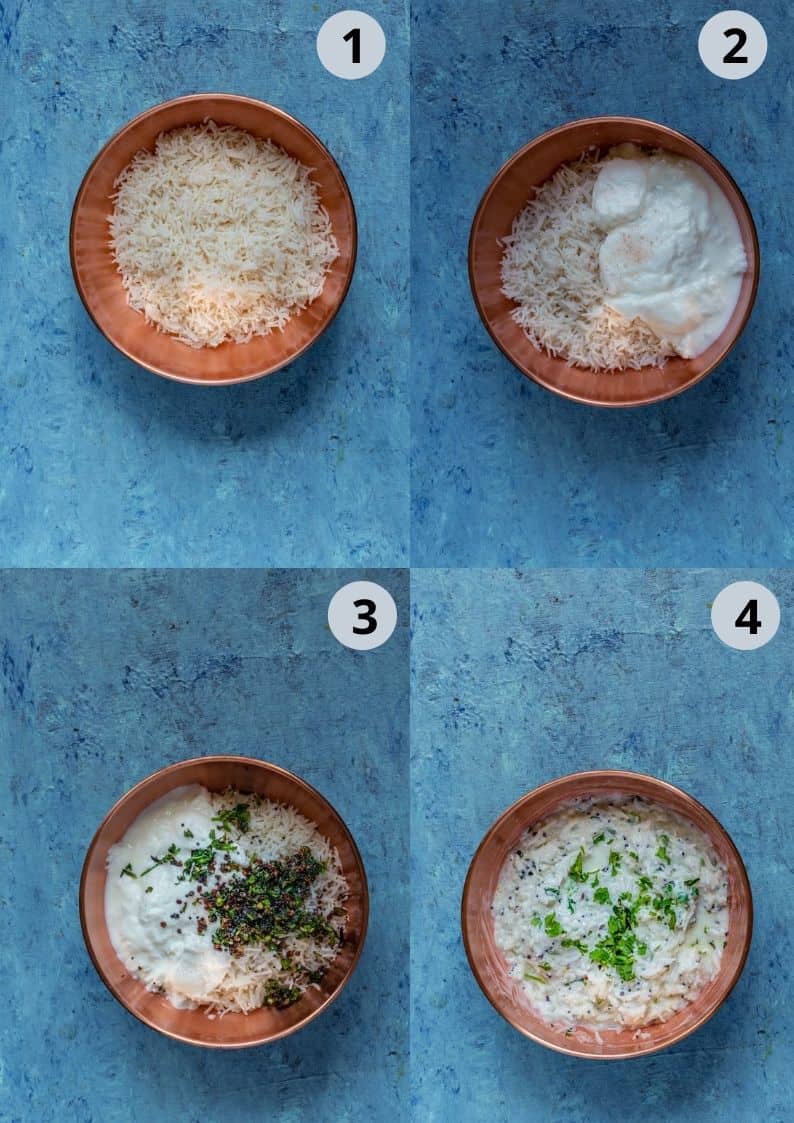 4 image collage showing how to make yogurt rice