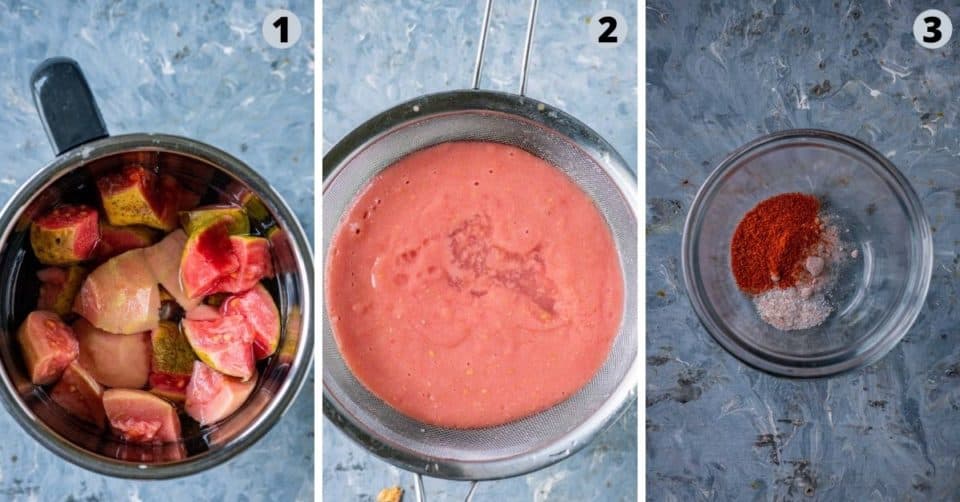 3 image collage showing how to prep for guava ice cream