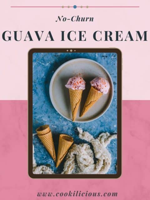 2 guava ice cream cones placed on a plate and text at the op and bottom