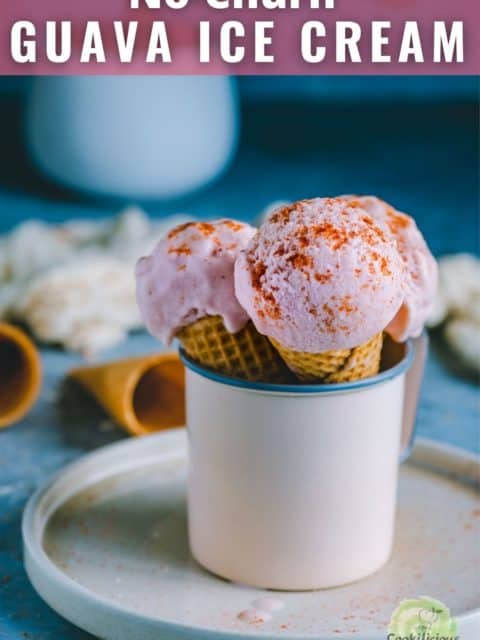 3 cones of guava ice cream placed in a mug and text at the top