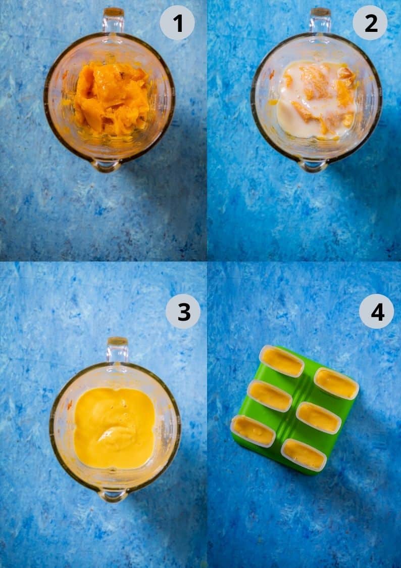 4 image collage showing how to make mango peach creamsicles.