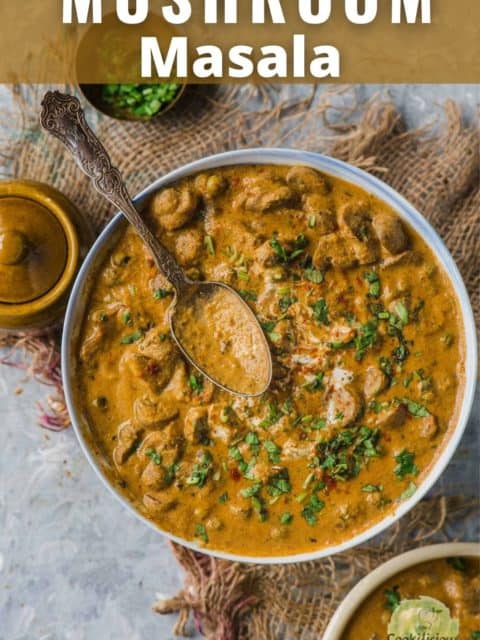 a bowl of Mushroom Masala with a spoon resting on top and text at the top