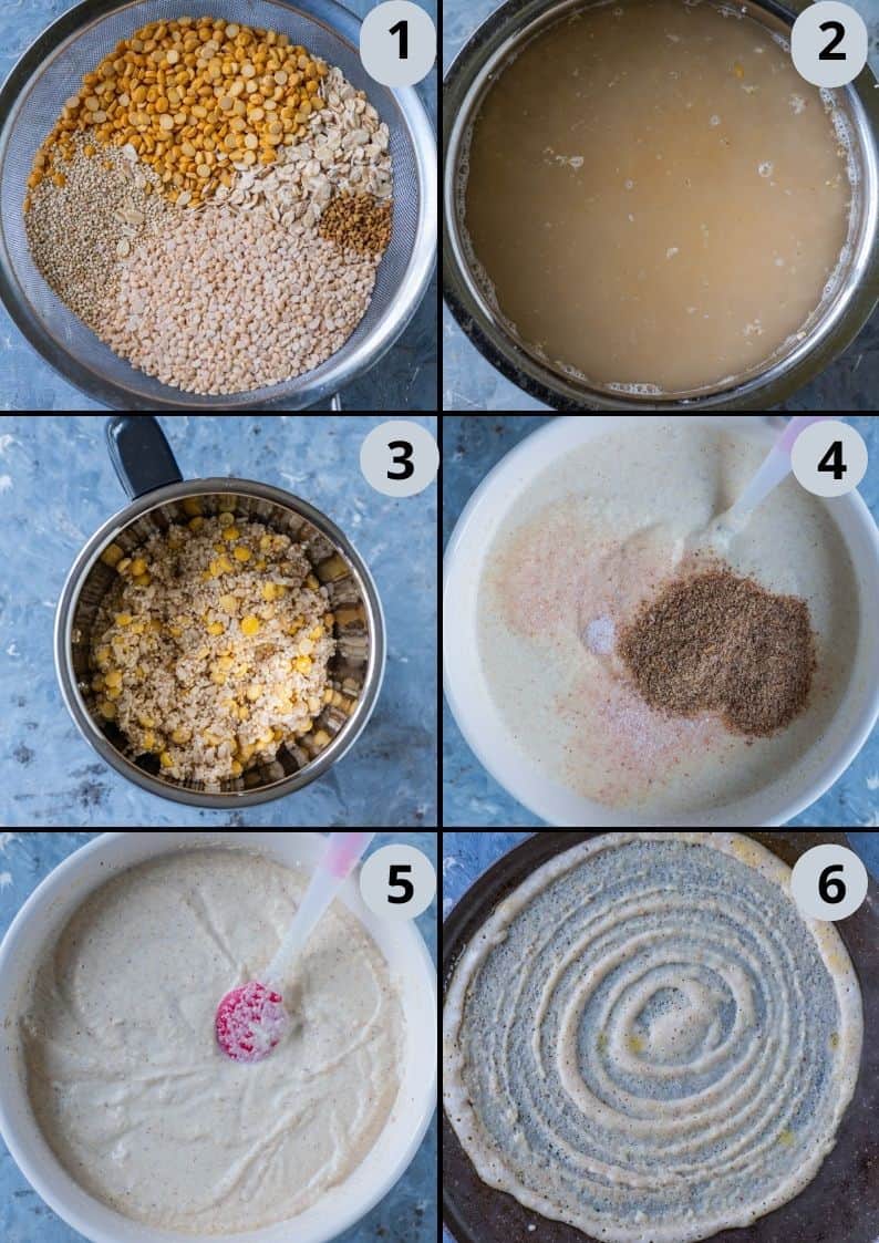 6 image collage showing the steps to make Quinoa Dosa