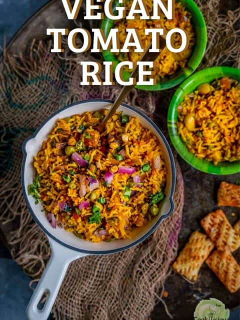 one pan and two bowls of tomato rice and text at the top