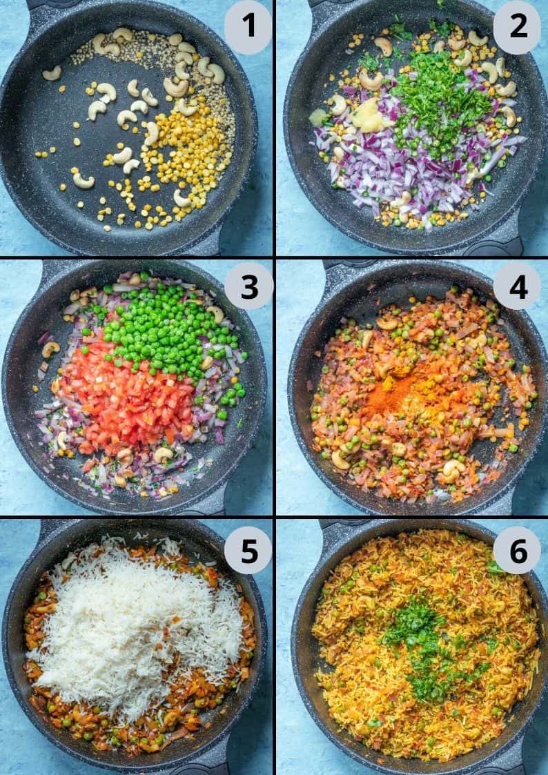 6 image collage showing how to make tomato rice South Indian style