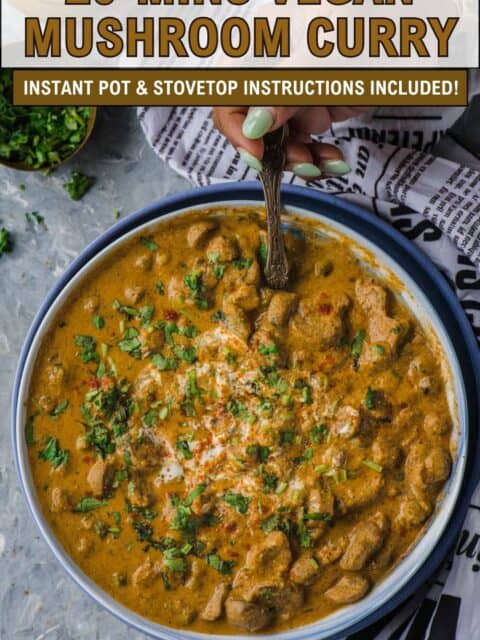 Plated Mushroom Masala with vegan sour cream drizzle and text at the top and bottom.