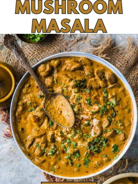 Colorful mushroom curry served in a bowl with a spoon, highlighting creamy texture and bold spices and text at the top and bottom.