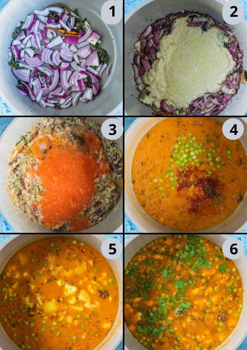 6 image collage showing the steps to make Cauliflower Tomato Rassa