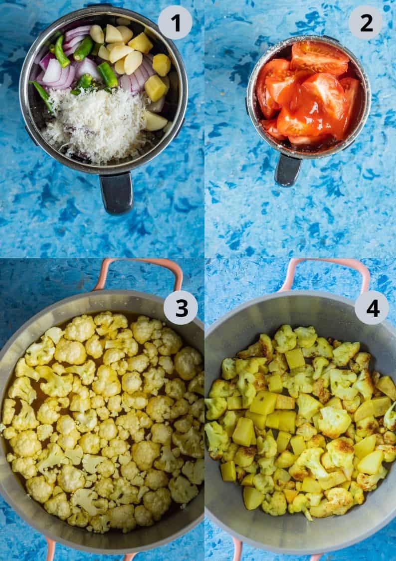 4 image collage showing how to prep for making Cauliflower Tomato Rassa