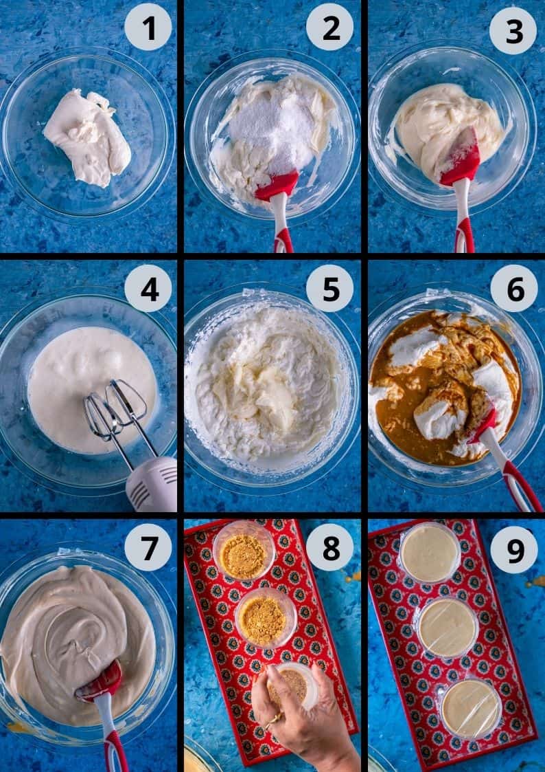 6 image collage showing how to make the cream cheese filling for chai cheesecake