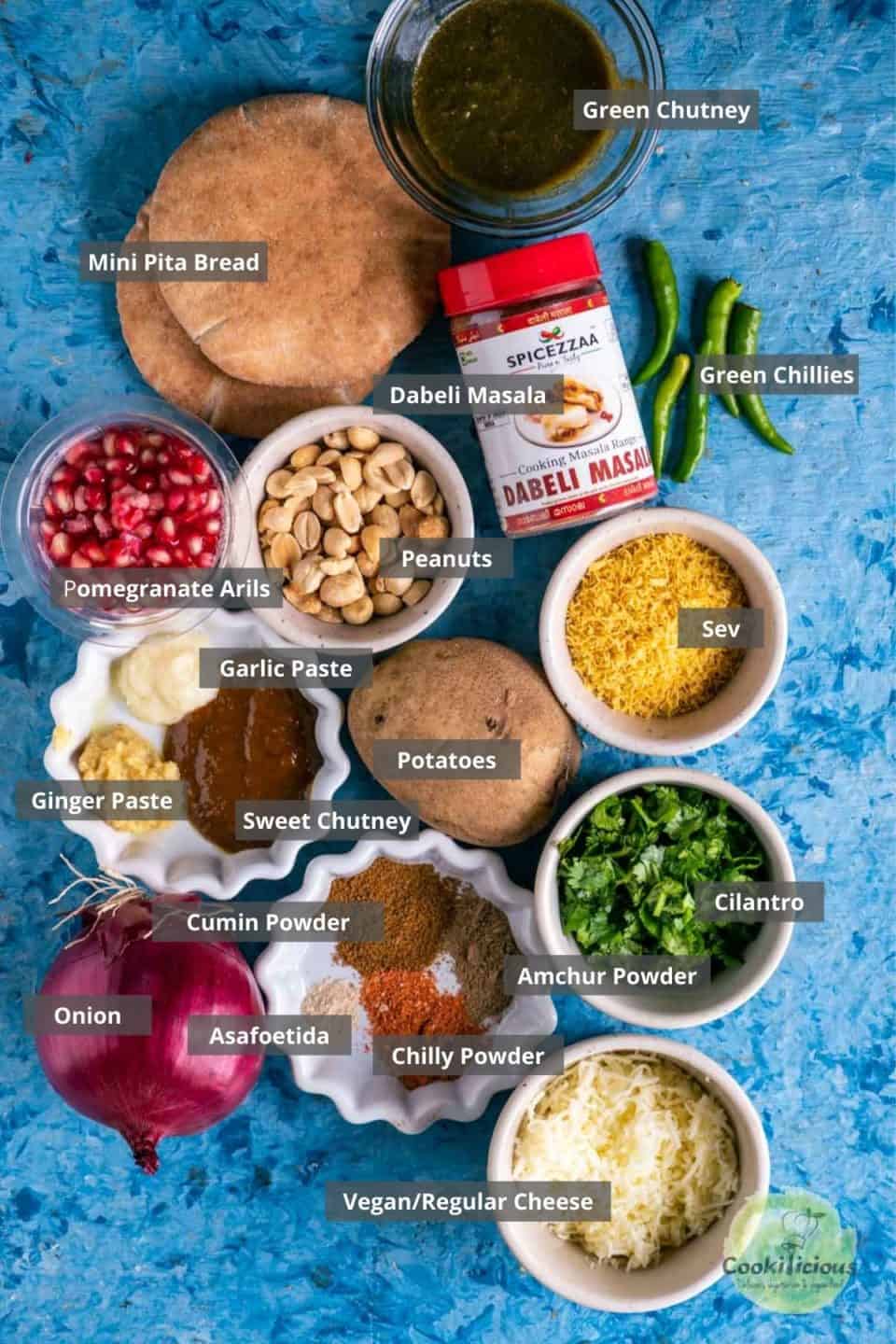 all the ingredients needed to make Dabeli Pita Bread Pizza placed on a table with labels on them
