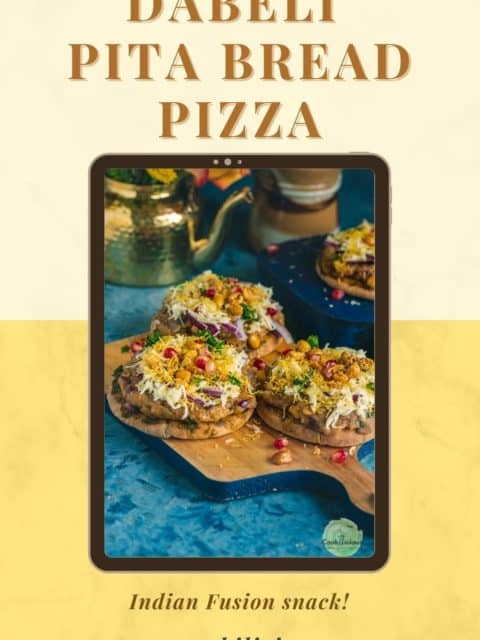 3 Dabeli Pita Bread Pizzas served on a wooden platter and text at the top and bottom