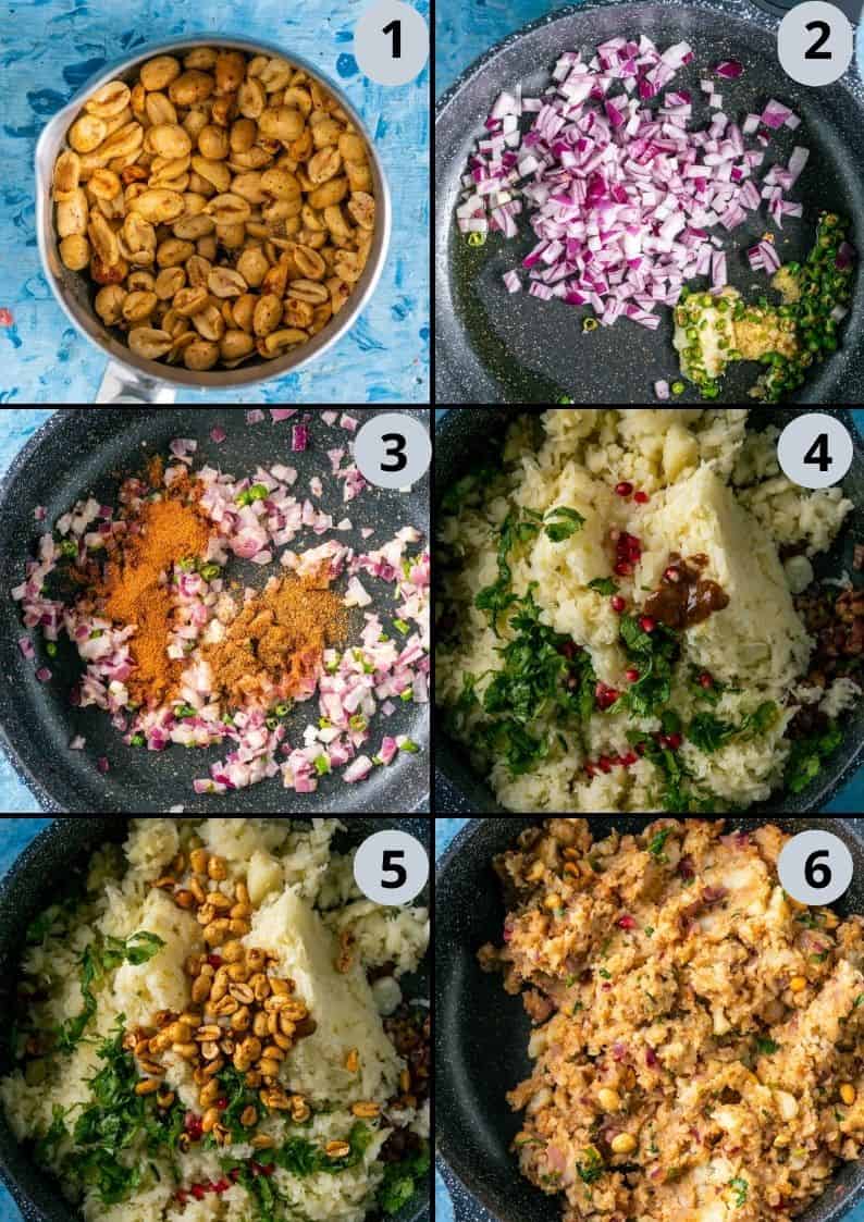 6 image collage showing how to make the potato stuffing for dabeli