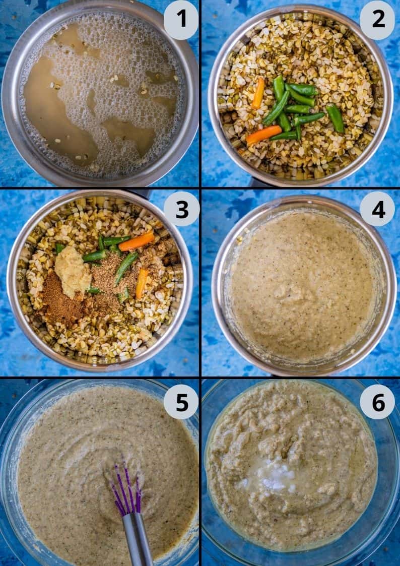6 image collage showing how to make the batter for Dahi Vada