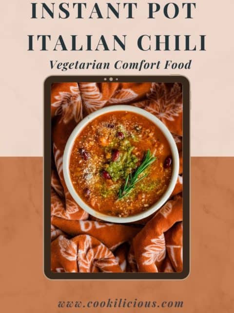 A bowl filled with Italian chili and text at the top and bottom