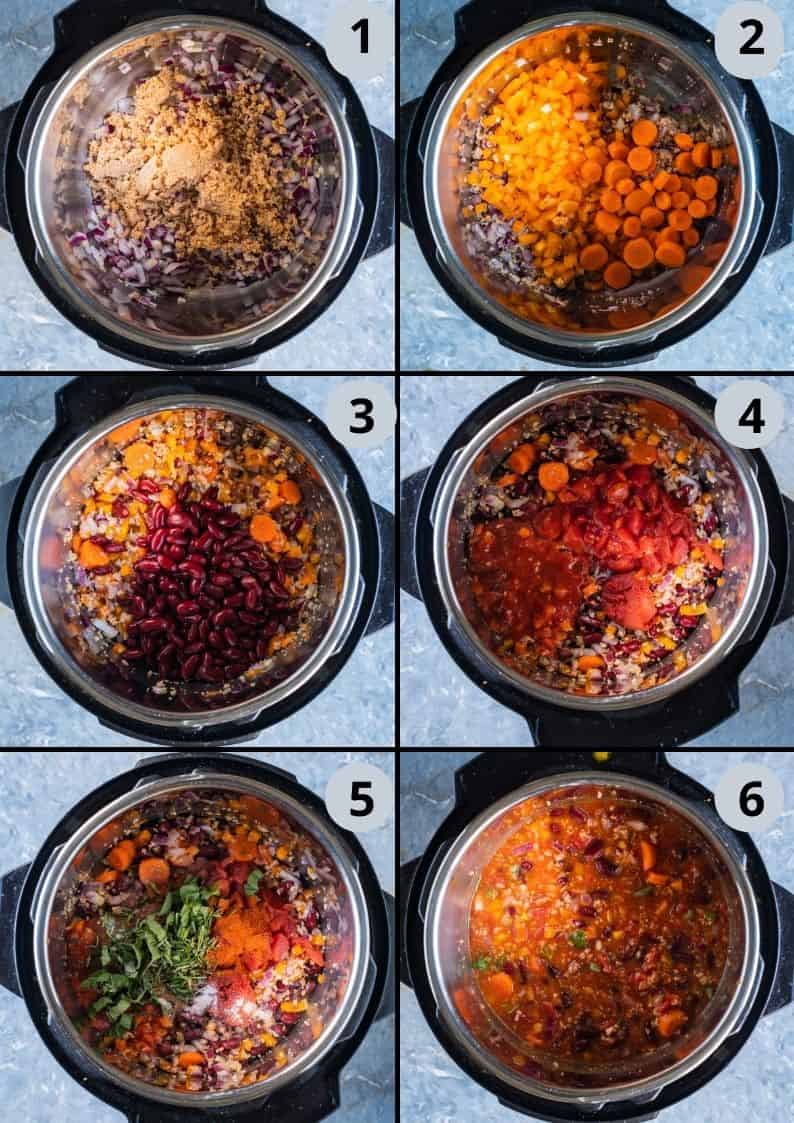 6 image collage to show how to make Italian chili in the Instant pot