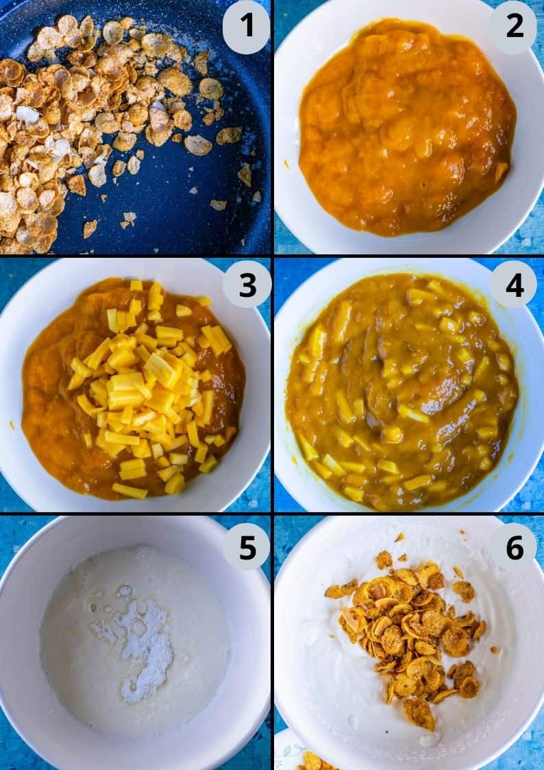 6 image collage showing how to make Mango Cranachan