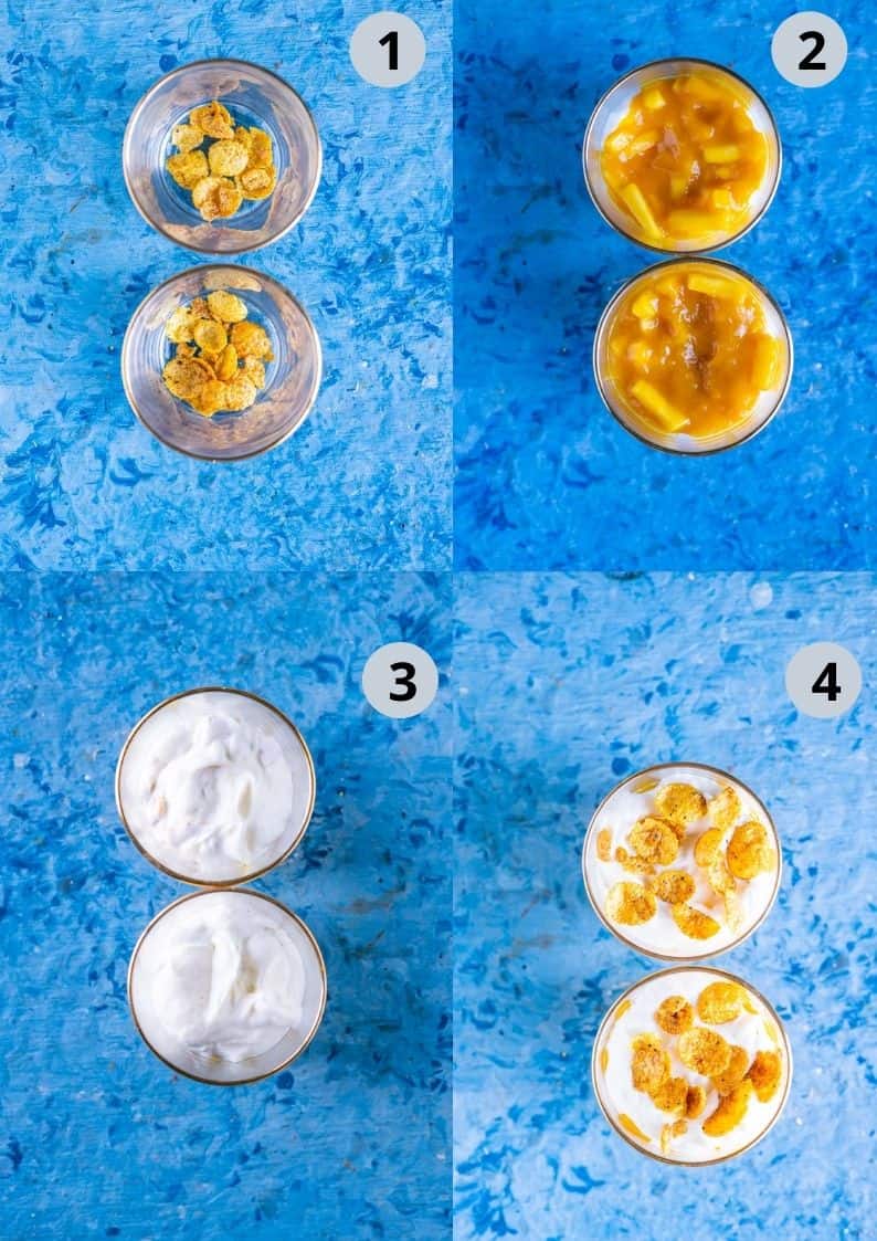 4 image collage showing how to assemble a Mango Cranachan.