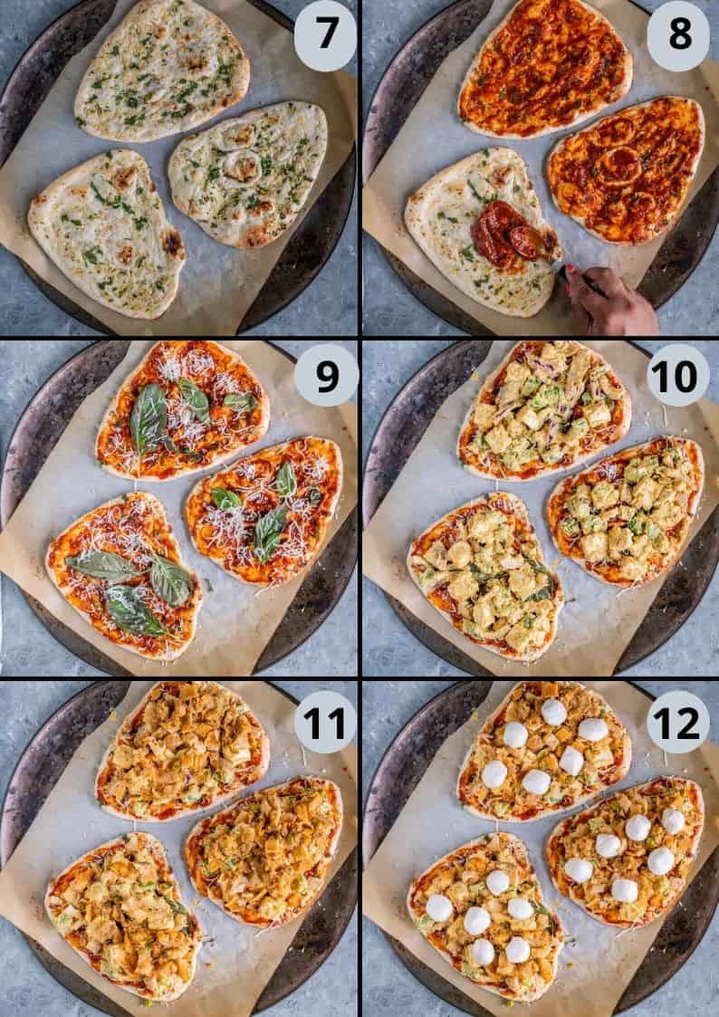 6 image collage showing how to assemble Paneer Naan Pizza