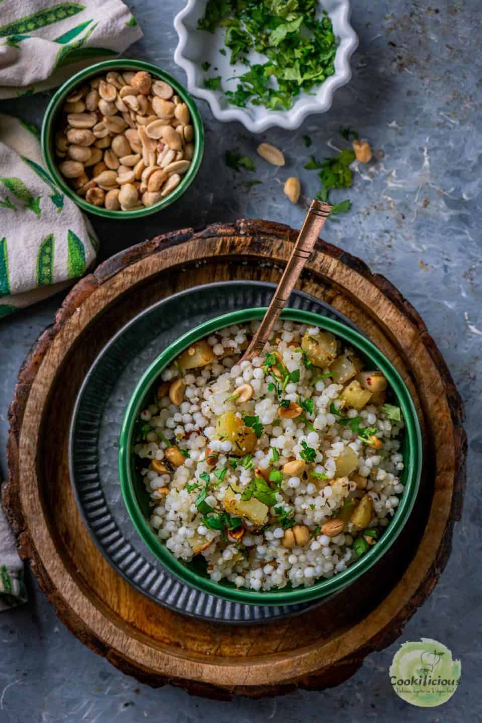 a bowl of Sabudana Khichdi with a spoon in it