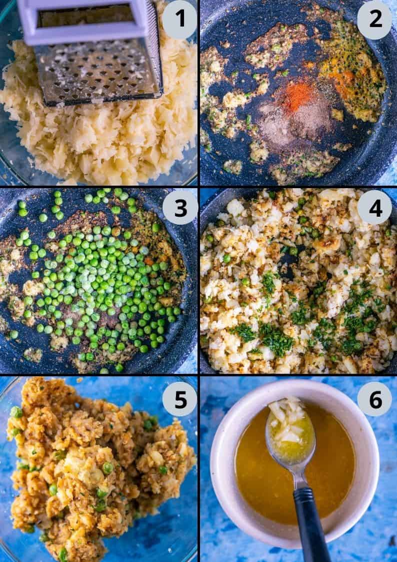 6 image collage showing how to prepare the stuffing for French loaf