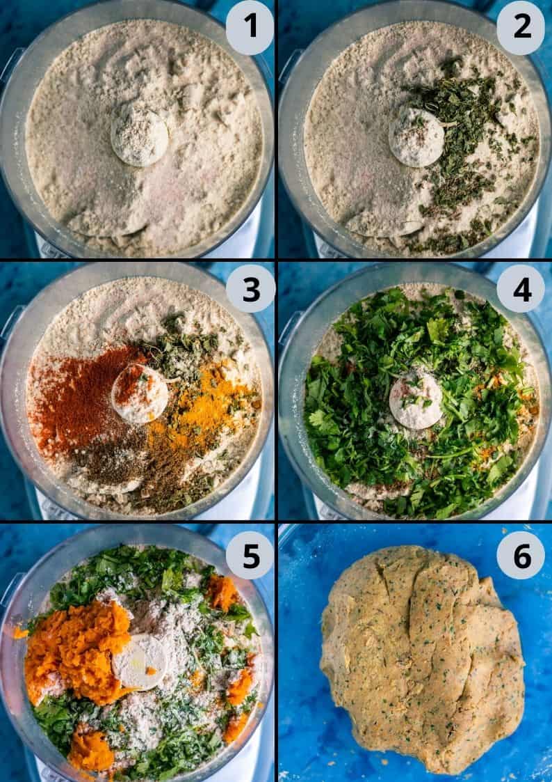 6 image collage showing how to make the dough for Sweet Potato Masala Puri.