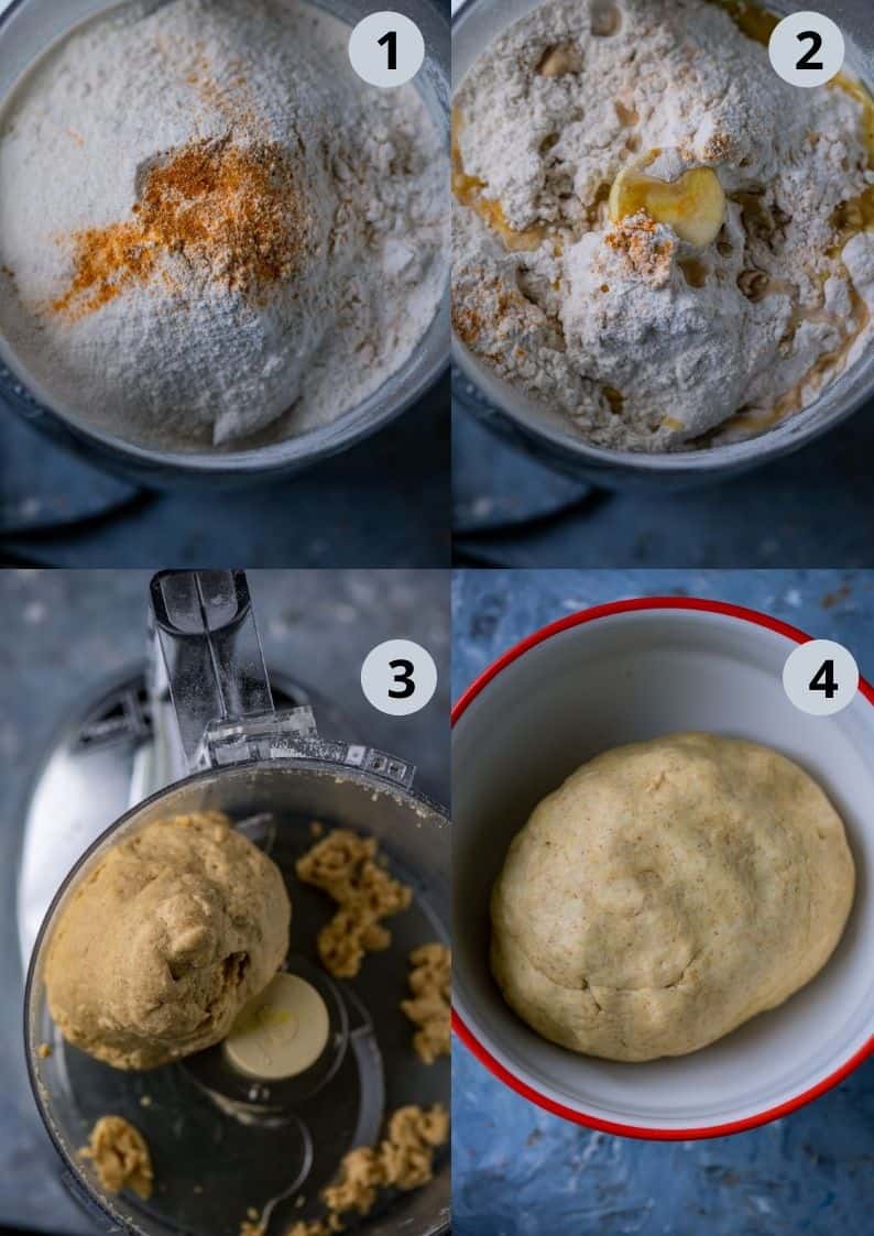 4 image collage showing how to make the dough for puran poli