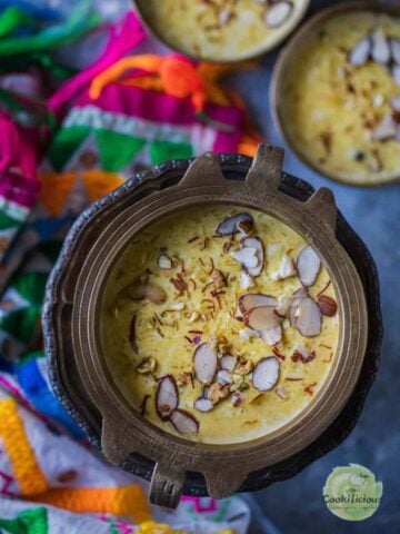 one big serving bowl filled with Instant Pot kheer/paal payasam