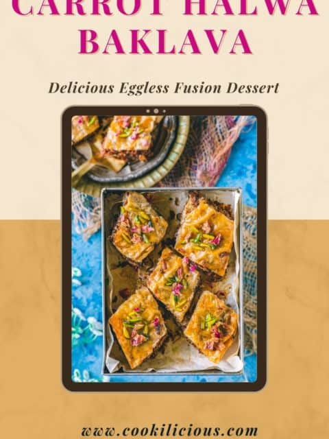 Carrot Halwa Pistachio Baklava in a tray and text at the top and bottom