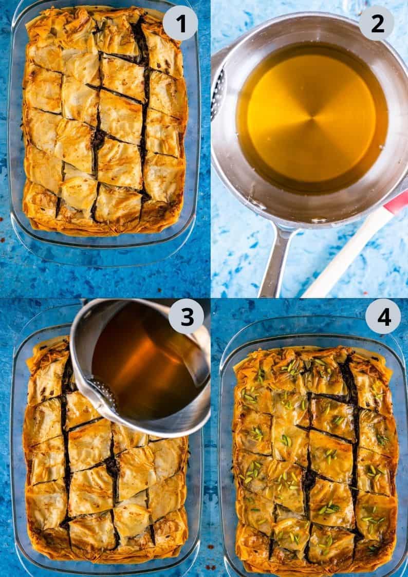 4 image collage showing how to make sugar syrup for Carrot Halwa Pistachio Baklava