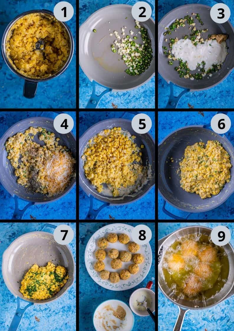 9 image collage showing how to make Cheese Corn Balls/Croquettes