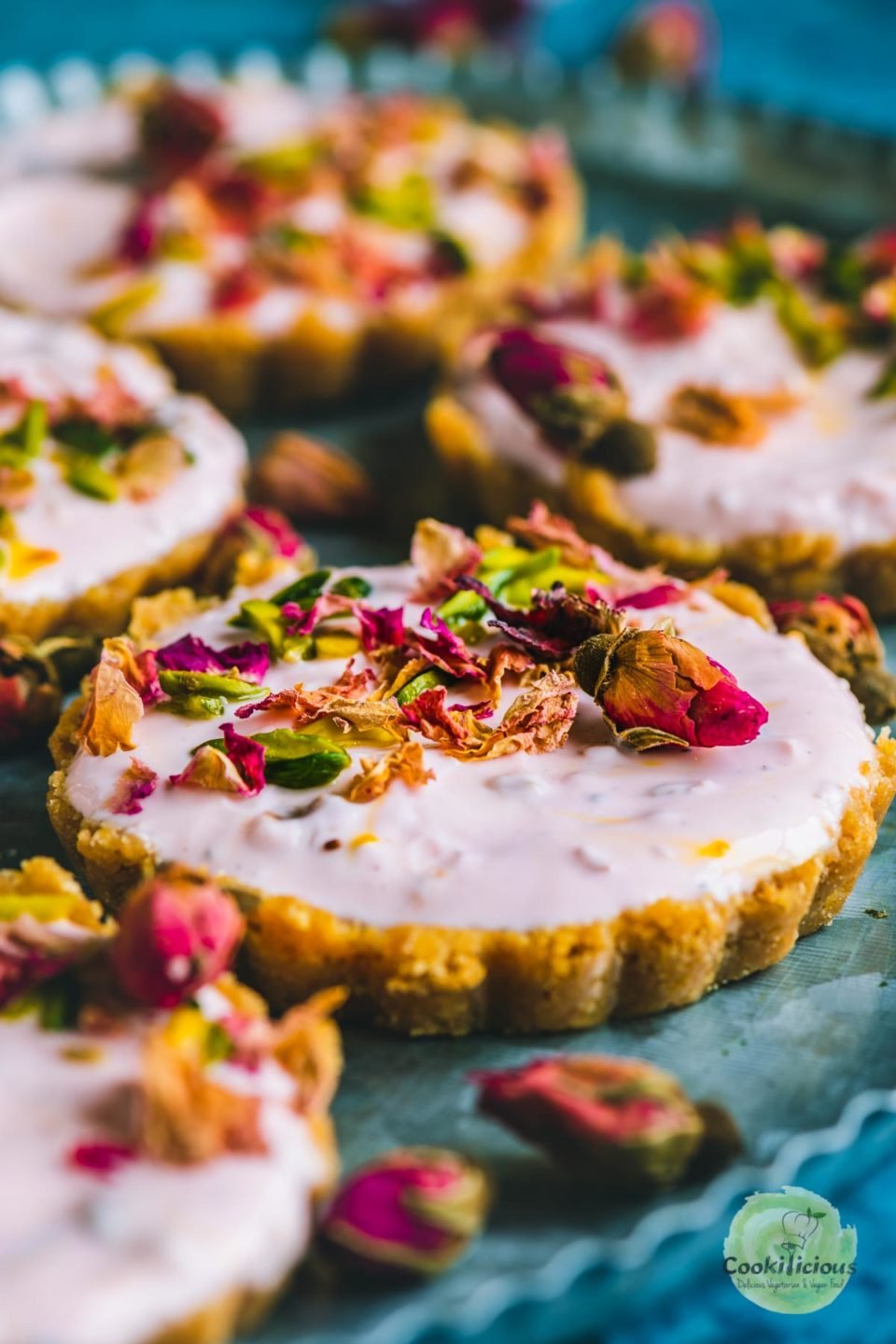 extreme close up of one gulkand shrikhand sweet tart