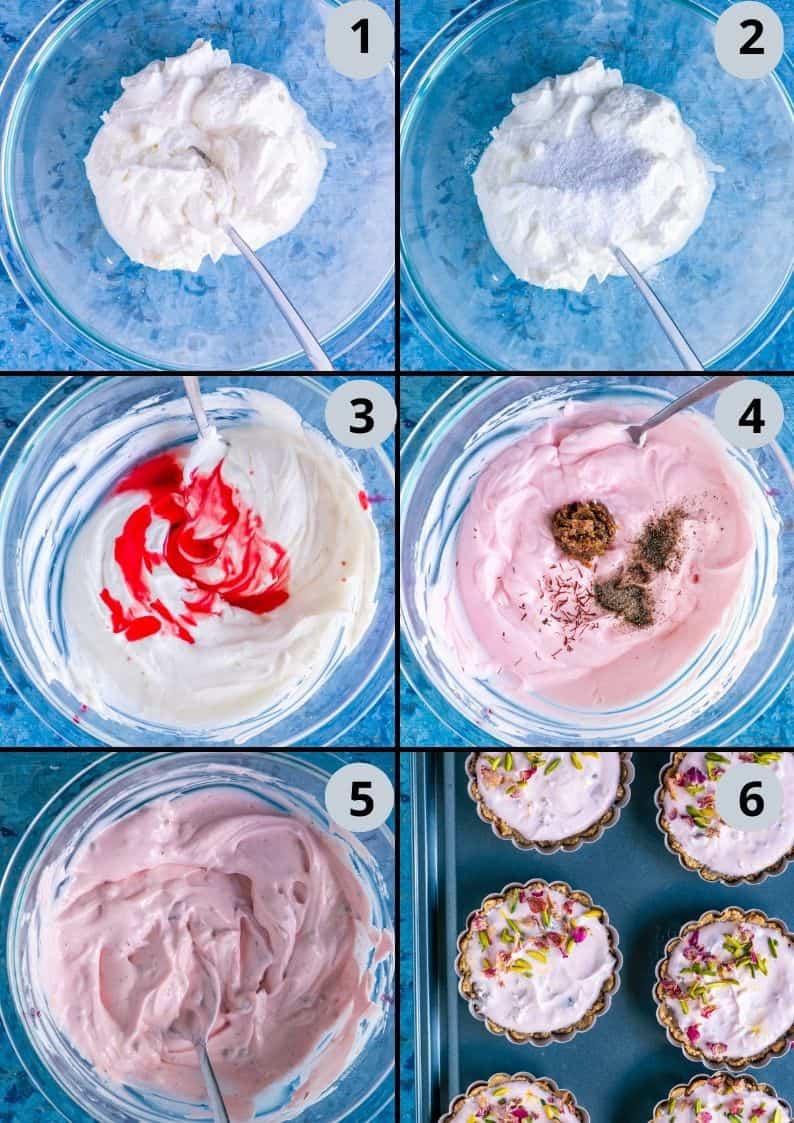 6 image collage showing how to make the gulkand shrikhand