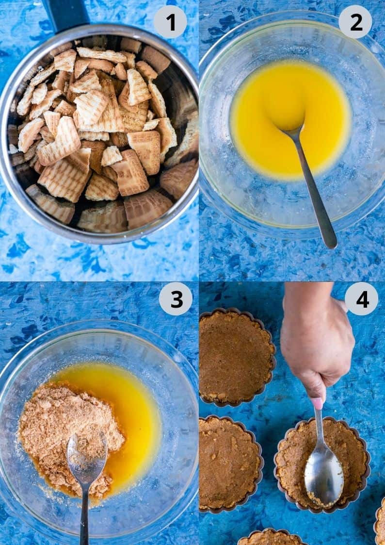4 image collage showing how to make the crust for shrikhand tarts
