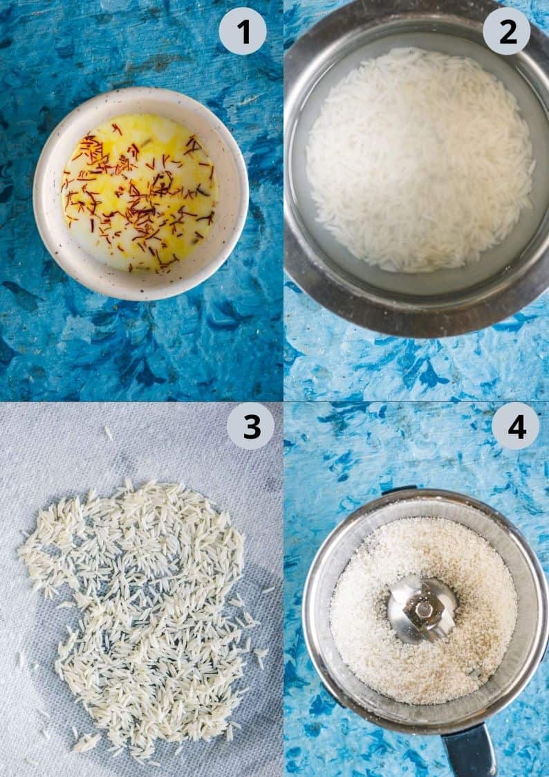 4 image collage showing how to prep to make mango phirni