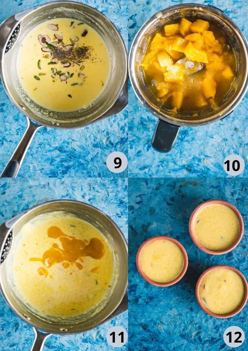 4 image collage showing how to add mango to phirni.