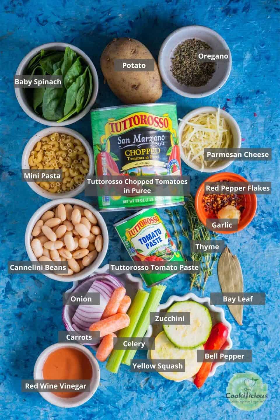 all the ingredients needed to make Instant Pot Minestrone Soup placed on a table with labels on them