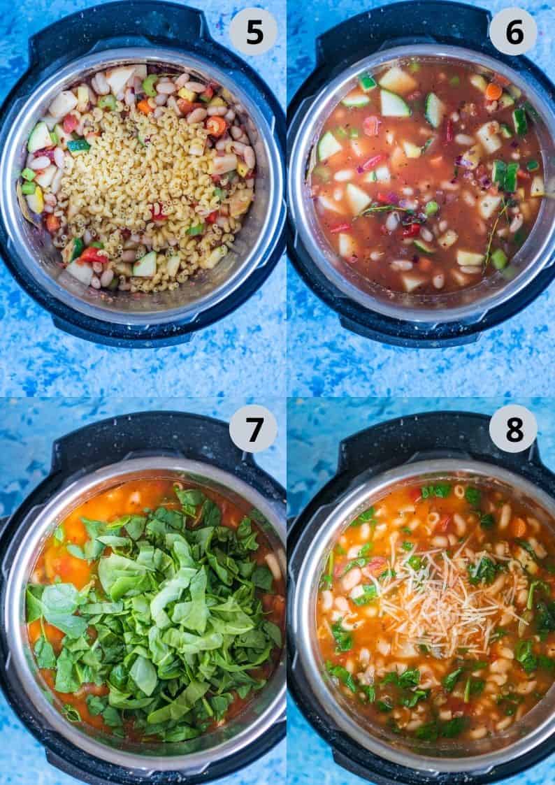 4 image collage showing the steps to make Minestrone Soup in the Instant Pot