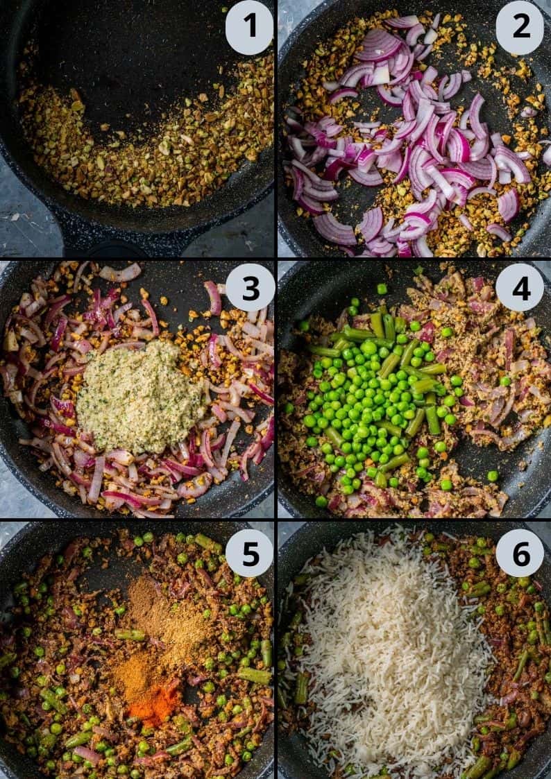 6 image collage showing how to make Pistachio Mint Rice