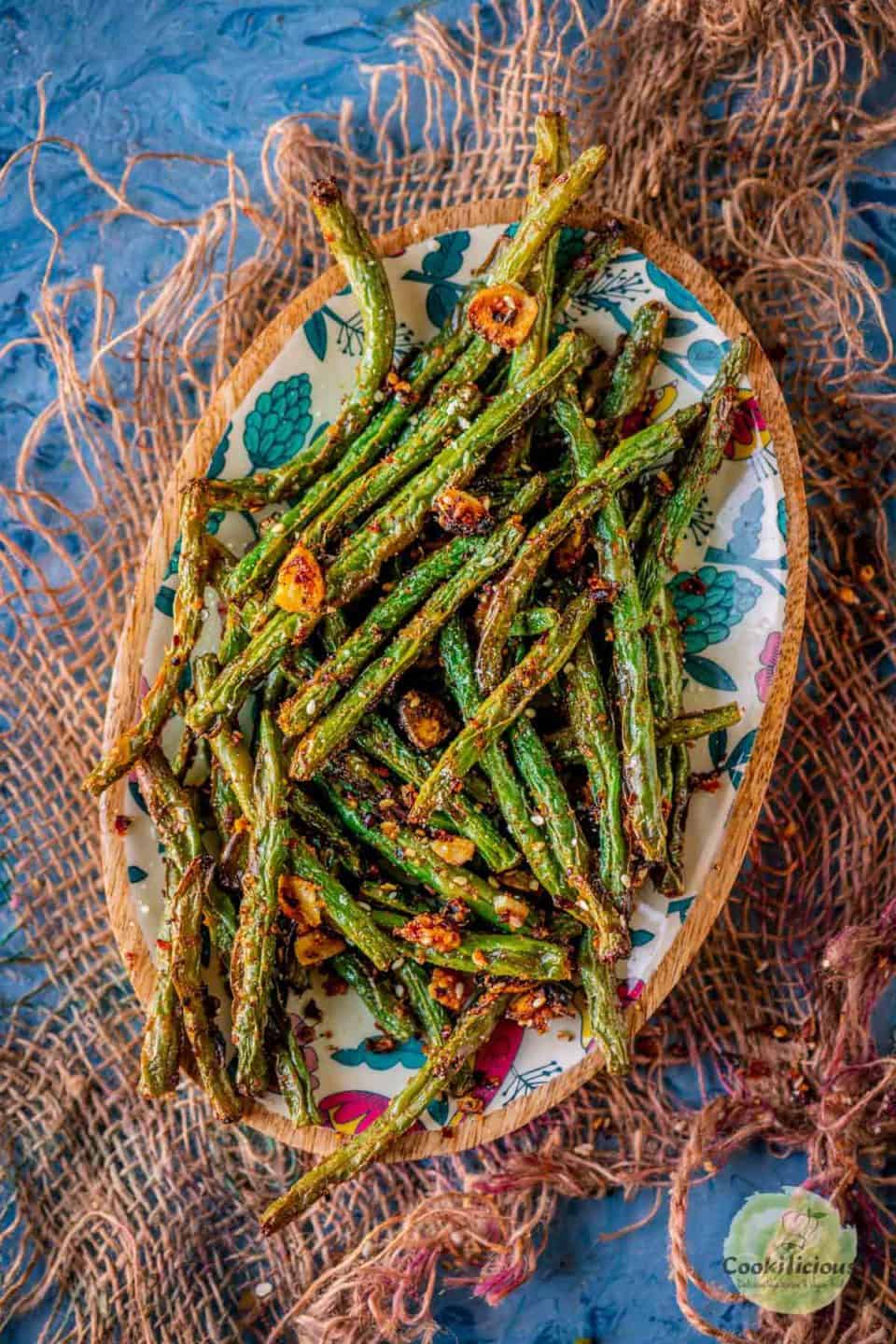 Air Fried Green Beans served in an oval platter