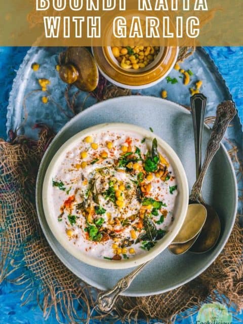 Burani Boondi Raita served in a round bowl with a bowl of boondi on the side and text at the top