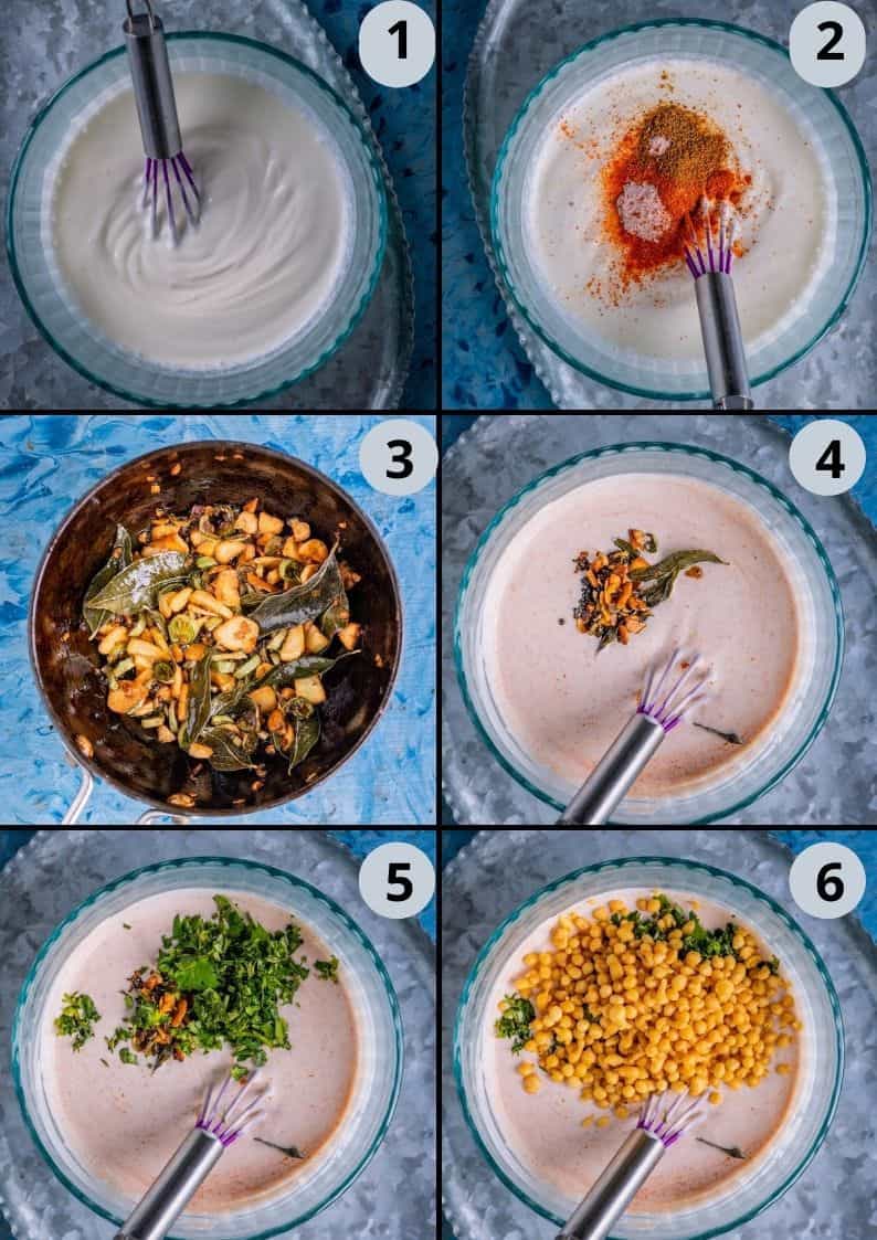 6 image collage showing how to make Burani Boondi Raita