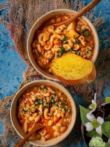 Close-up of hearty vegan minestrone soup made in the Instant Pot.