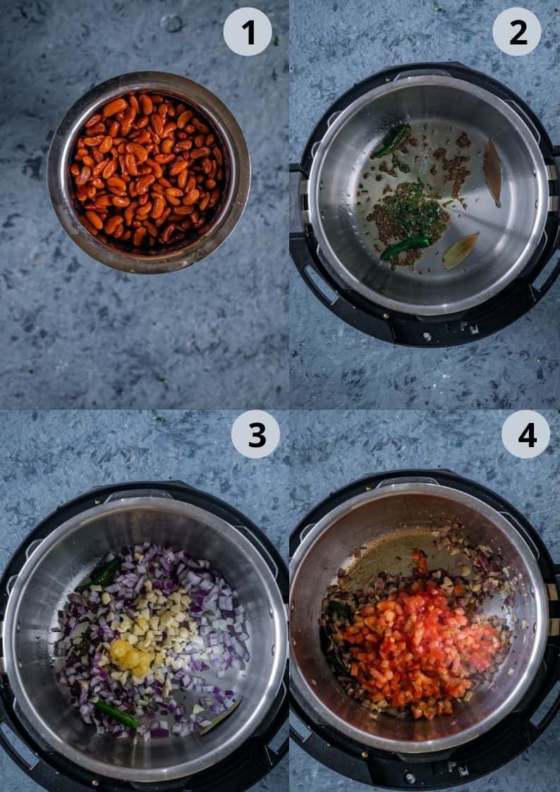 4 image collage showing the process of making Instant pot rajma masala