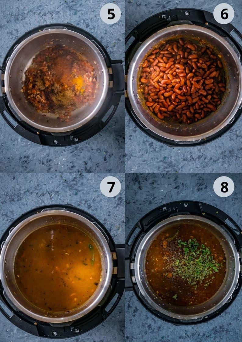 4 image cillage showing how to make Instant pot rajma masala