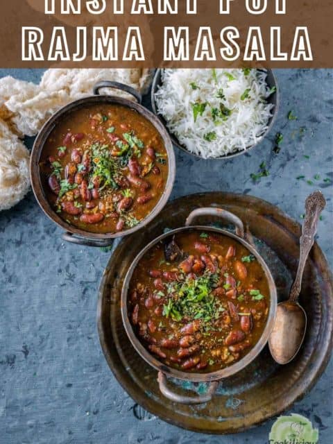 Instant pot rajma masala served in 2 kadai and text at the top