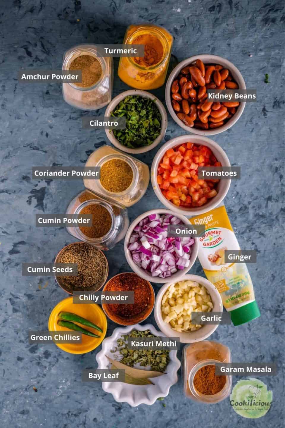 all the ingredients needed to make Instant pot rajma masala placed on a table with labels on them